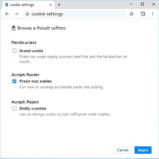 Captura de pantalla de la configuración de cookies en un navegador web, mostrando opciones para aceptar o rechazar cookies.