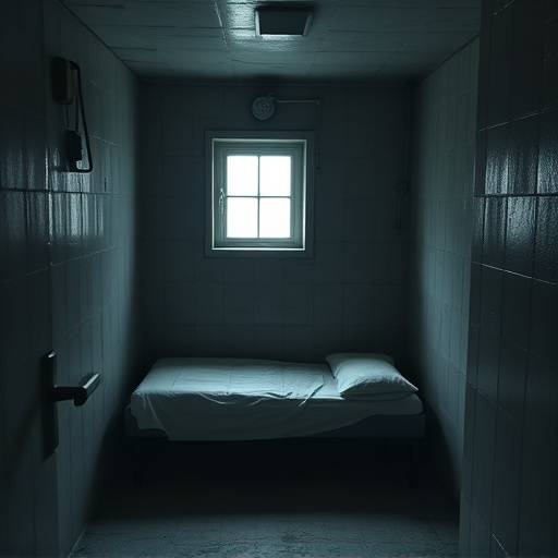 El interior de una celda de aislamiento con una cama sencilla, un inodoro y una pequeña ventana. La celda parece sombría y restrictiva.