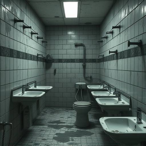 Fotografía de instalaciones de higiene en una prisión, mostrando duchas y lavabos, algunos de los cuales muestran signos de desgaste y falta de mantenimiento.