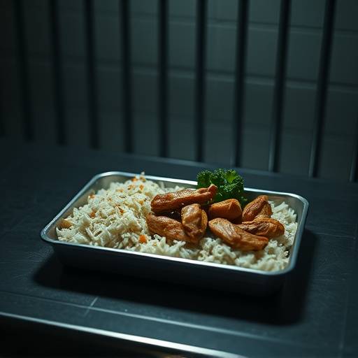 Fotografía de una bandeja de comida de prisión, mostrando una porción de arroz, una pieza de pollo y una ensalada pequeña. La presentación es simple y la cantidad parece limitada.