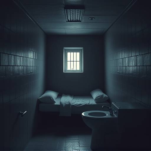 Fotografía de una celda de aislamiento solitario, mostrando un espacio reducido con una cama, un inodoro y una pequeña ventana.