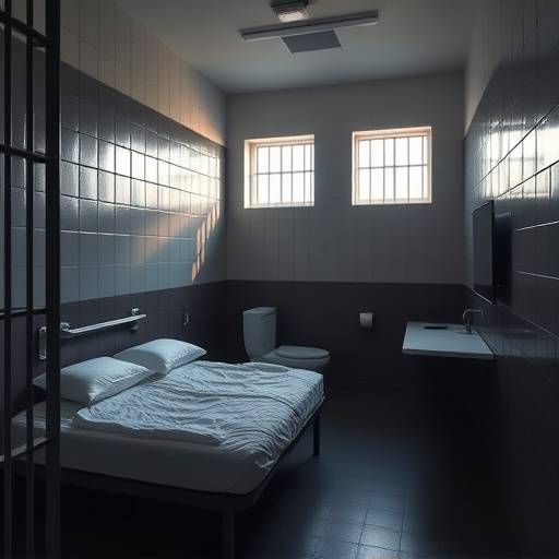 Fotografía de una celda de prisión moderna con una cama, un escritorio, un inodoro y una ventana que permite la entrada de luz natural.