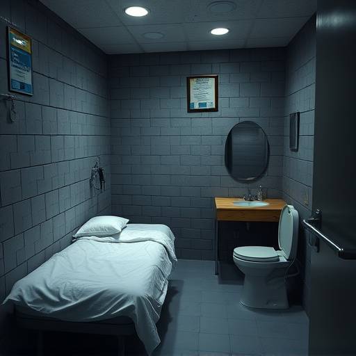 Fotografía del interior de una celda de prisión estándar con una cama, un escritorio y un inodoro.