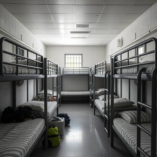Un dormitorio en una prisión de mínima seguridad con varias camas y pertenencias personales de los reclusos. El ambiente parece más relajado y menos restrictivo.